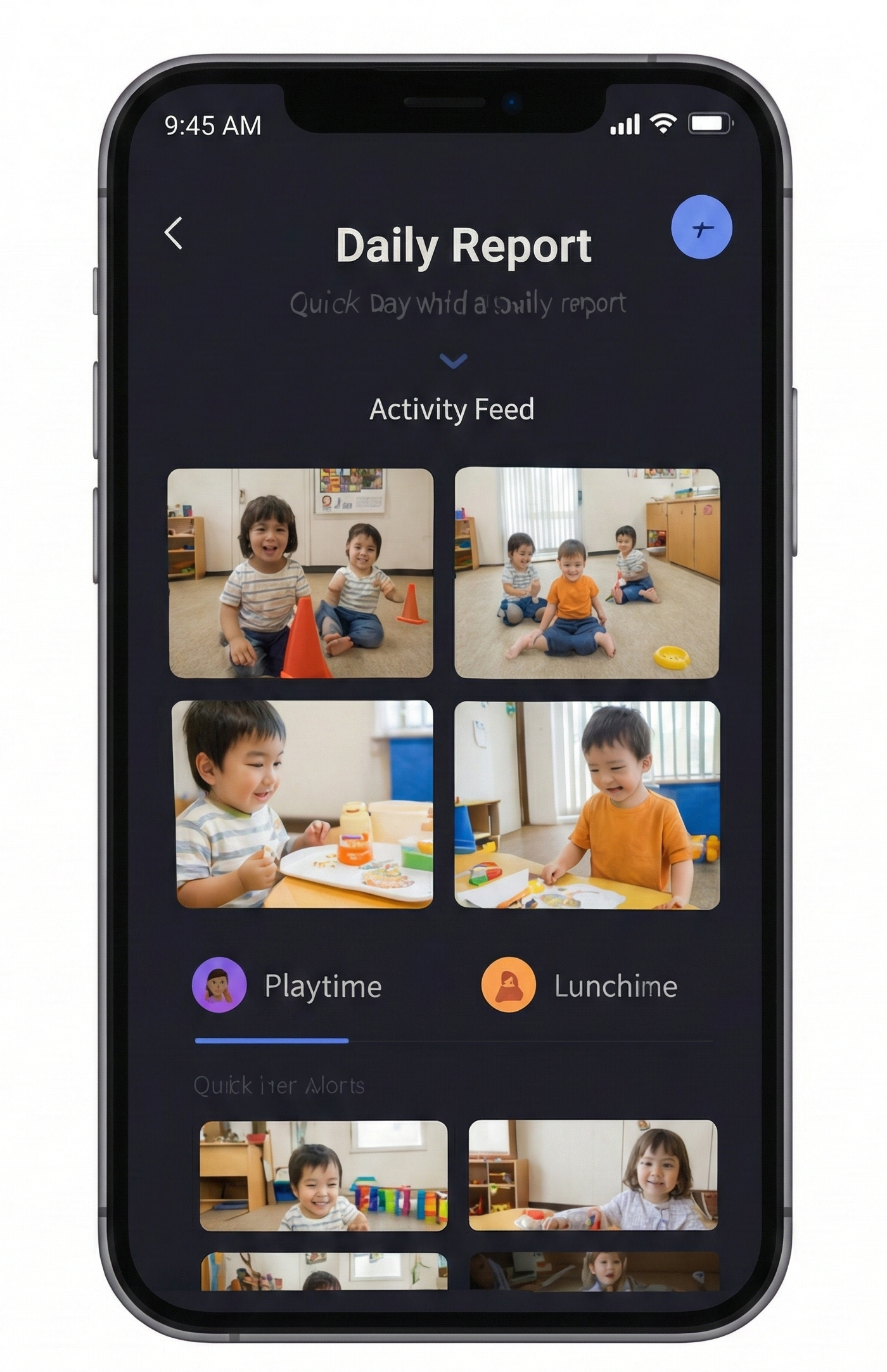 CentreCareOS parent app showing daily report and activity feed