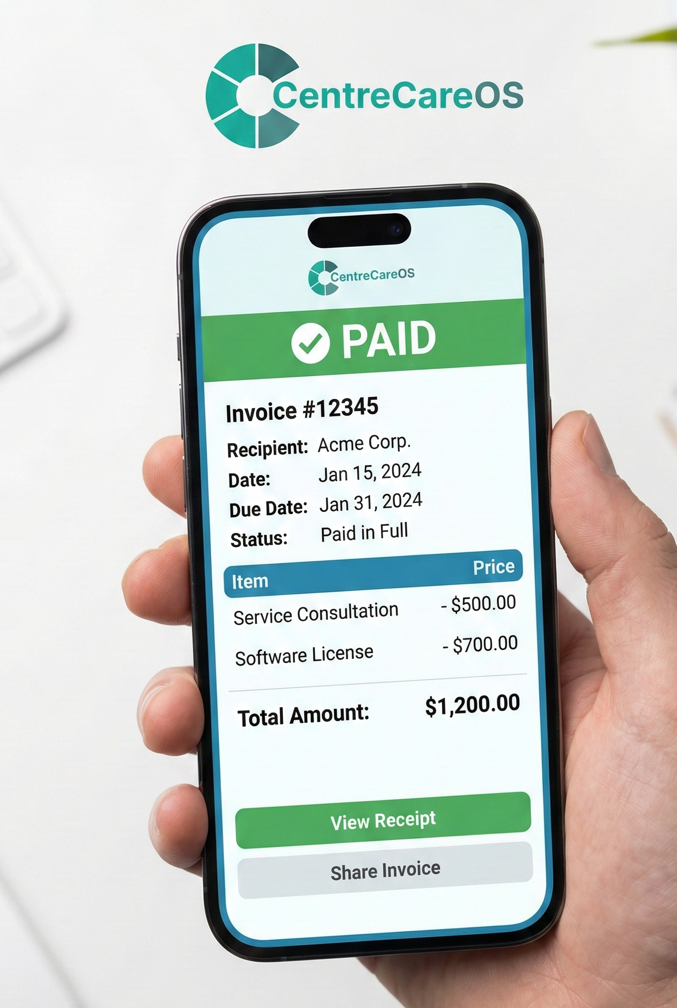 CentreCareOS invoice on mobile device showing paid status