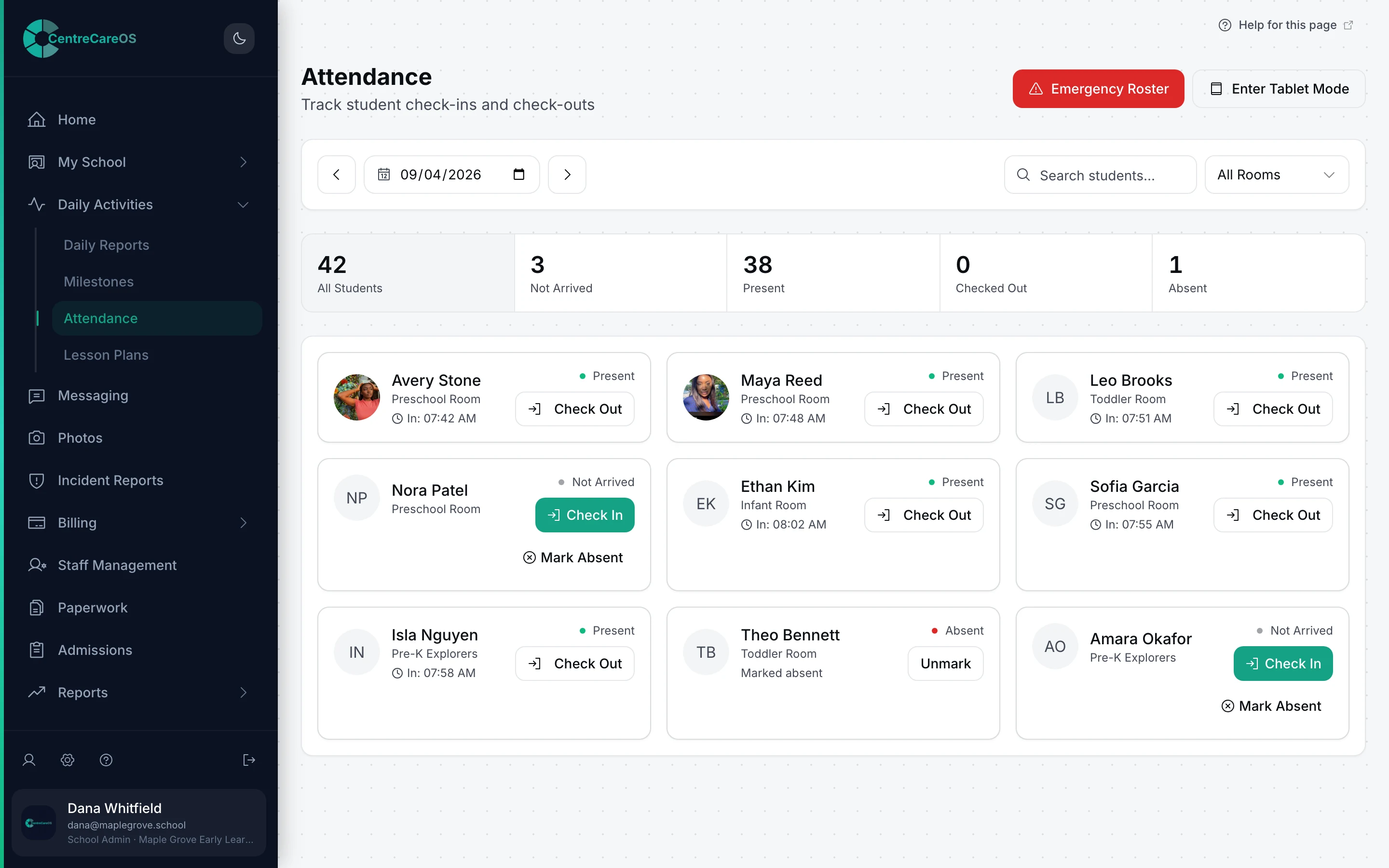 Attendance screen with a roster of children marked present, not arrived, or absent, and check-in times for each
