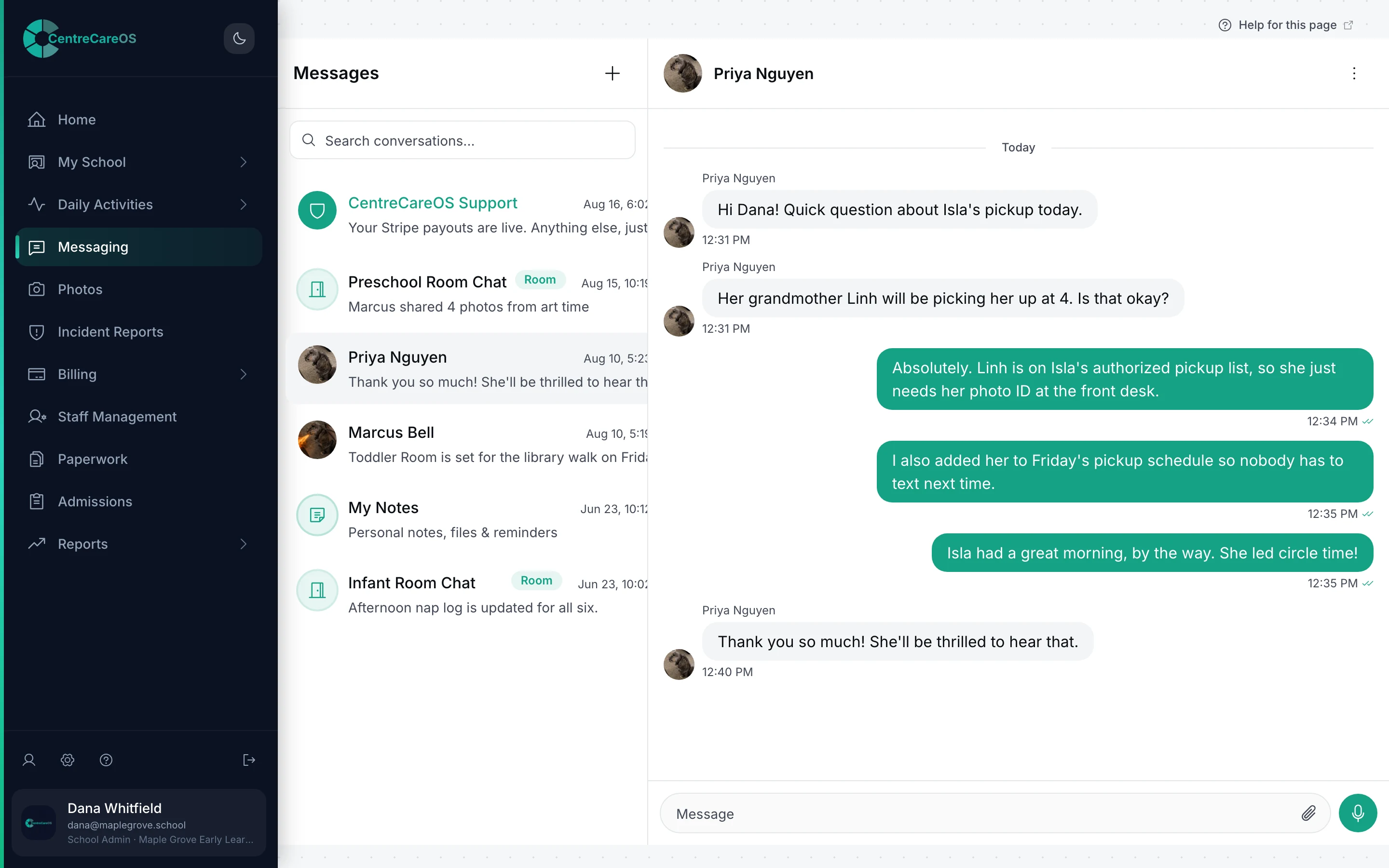 Messaging screen with a parent conversation about an afternoon pickup, alongside room chats and staff threads